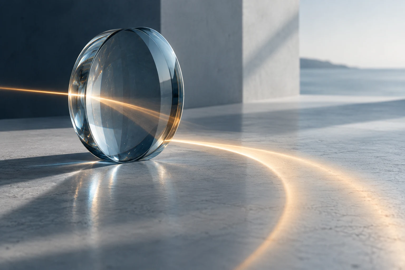 Eine gläserne Linse macht einen warmen Lichtbogen auf heller Fläche sichtbar